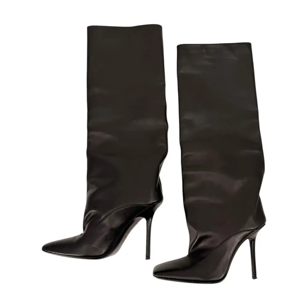 The Attico Sienna Leather Square Toe Knee High Stiletto Boots Women's Size 38.5